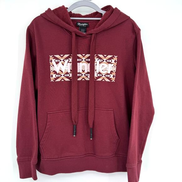 NWOT Wrangler Retro® Aztec Logo Sherpa Hoodie M Burgundy Western Cowgirl Rodeo - Picture 1 of 11